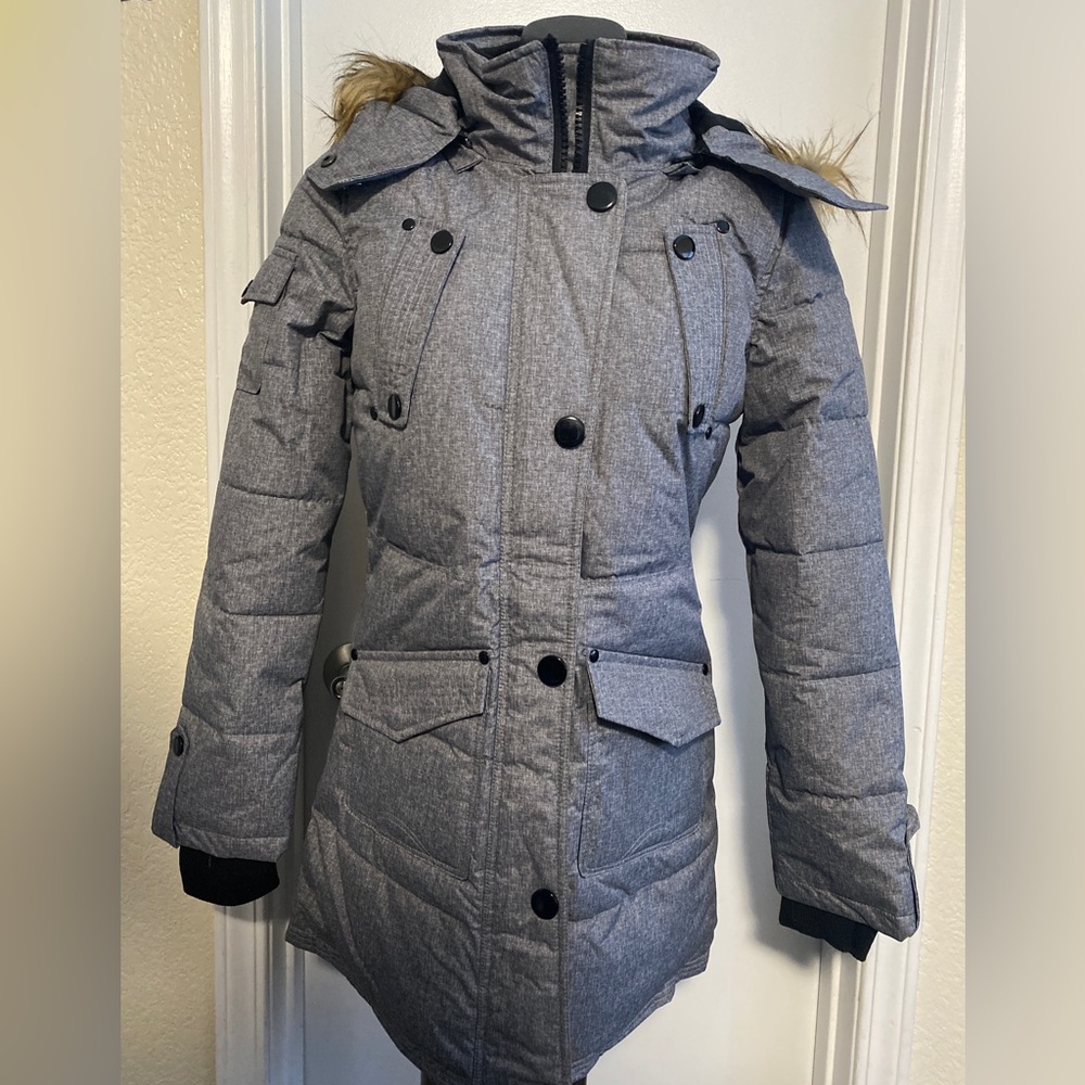 Celsius Gray Faux Fur Hooded Long Puffer Jacket NWOT small